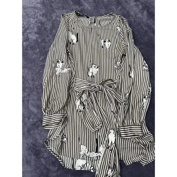 Zara Basic Cat Print Striped Blouse Tie Waist Long Sleeve Shirt Womens -Medium - Picture 2 of 7